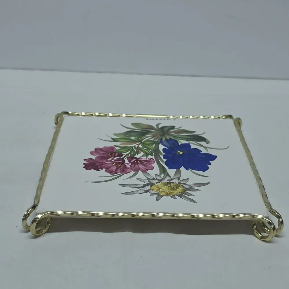 Vintage Floral Ceramic Tile Trivet Stand Coaster France Gold Toneetal Frame Boho